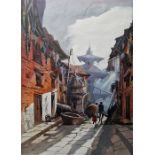 20th century Watercolour Traditional Nepalese street scene, indistinctly signed lower right,