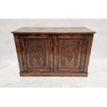 Mahogany side cupboard with pair of panelled doors, engraved decoration, on plinth base, 82cm high x