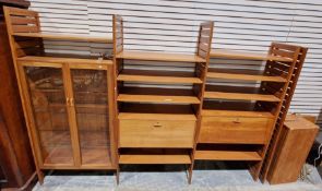 1970's Ladderax teak shelving unit for Staples, four section with a two-door glazed display