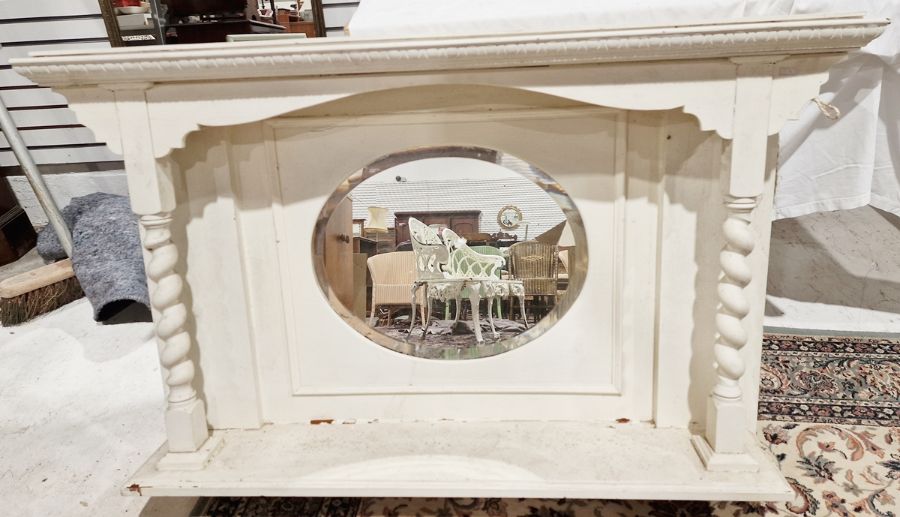 Early 20th century white painted overmantel mirror, the bevelled edged oval glass panel over a - Image 2 of 2