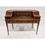 Edwardian mahogany Carlton House desk with satinwood inlaid borders, brass gallery to the top, the