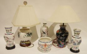 Four Franklin Mint Chinese-style decorated vases, a Japanese table lamp with pheasant and floral