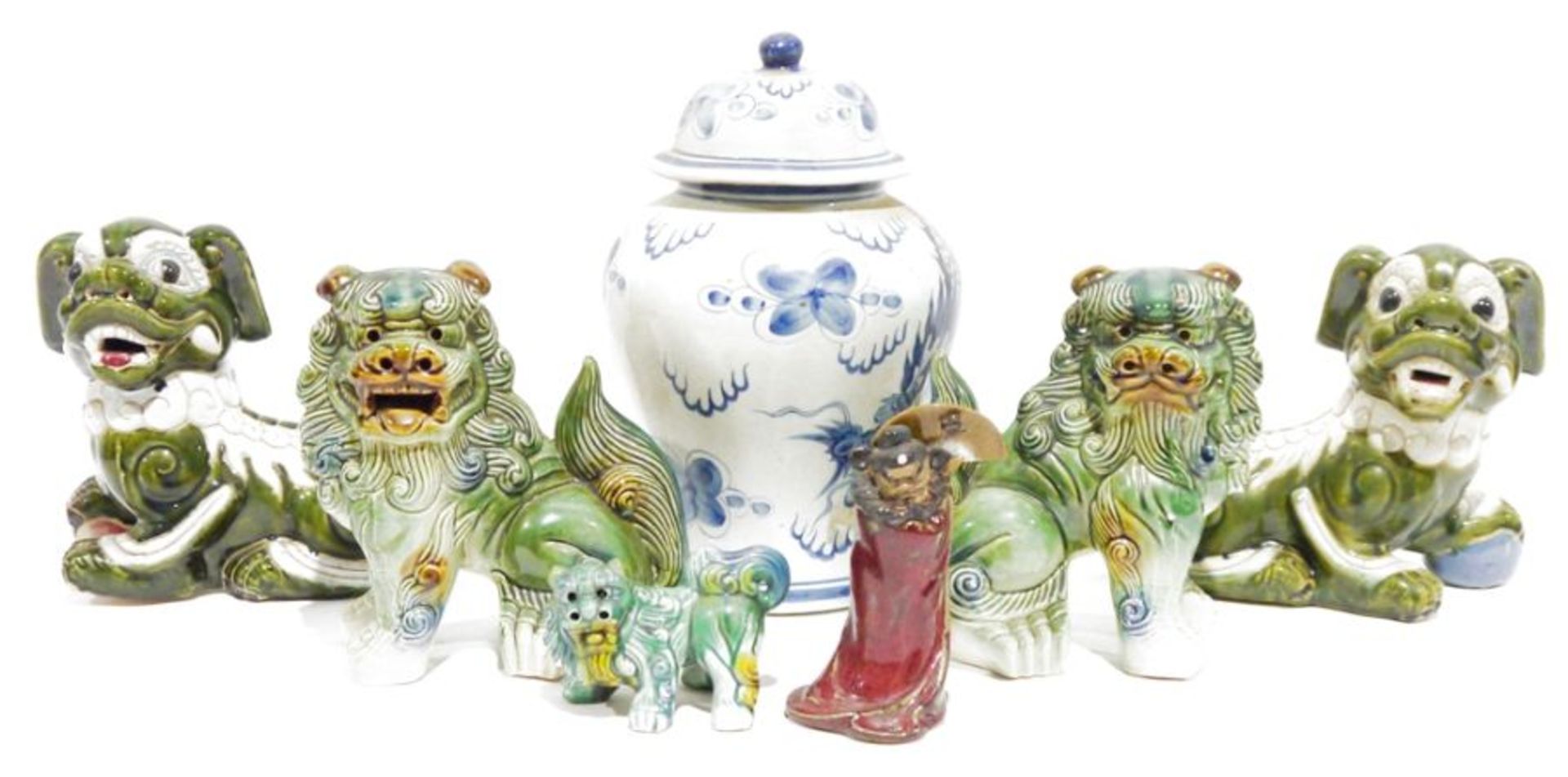 Five modern Chinese models of Dogs of Fo, a modern Chinese blue and white vase and cover decorated