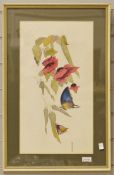 Assorted Chinese and Oriental pictures to include watercolour of hibiscus and butterfly, embroidered