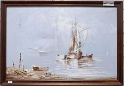 B Wilder  Oil on canvas Maritime scene showing sailing ship at anchor with two boats either side and