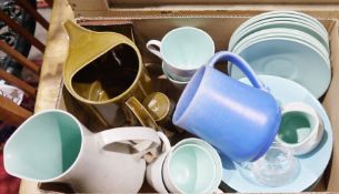 Quantity of Poole 'Twintone' pale blue and white tablewares to include jug, cups and saucers, etc, a