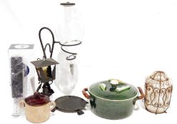 Tellurite Belgium lidded casserole, a Pauline Clements handpainted teapot with cow decoration, a