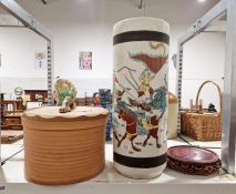Modern Chinese pottery stick stand together with a large terracotta storage pot with wooden lid (2)