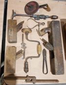 Small quantity of vintage tools to include planes, drills, calipers etc., some named to include J.