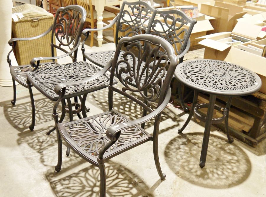 Metal garden furniture set to include a square table, a circular table, a bench and two chairs (5) - Image 3 of 4