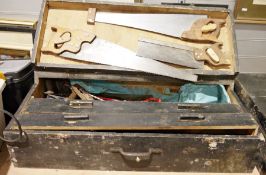 Large vintage wooden toolbox, including assorted tools such as saws, planes, drills, hammers,