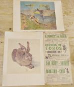 Advertising poster dated 17th July 1966 advertising a bull fight at San Remi, a print of a hare