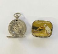 Cased compass and His Master's Voice tin of needles (2)