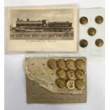 Quantity of Southern Railway Company Service buttons, postcard of the Six Coupled Express Engine,