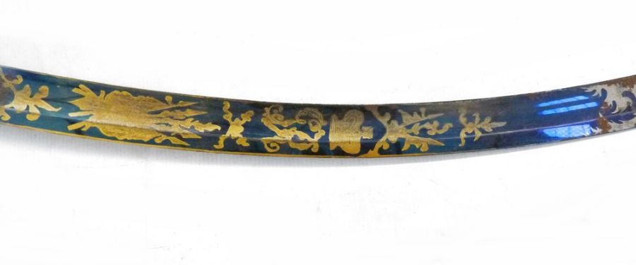1803 pattern officer's sabre with ornate gilt engraved blued blade, pierced brass hand guard and - Image 2 of 26
