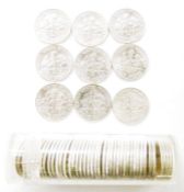 Tube of 50 1964 silver 'Roosevelt' dimes, all uncirculated