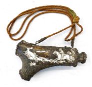 19th century antler horn powder flask, possibly German, carved hunting scene of hounds chasing a