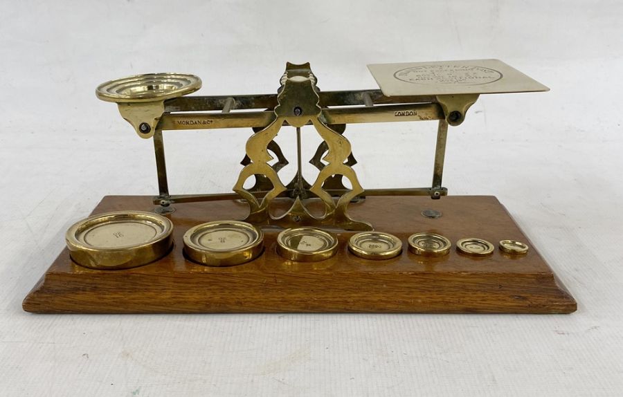 Set of late 19th century Sampson Mordan and Co. postal scales, with seven graduated weights on oak - Image 5 of 10