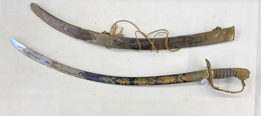 1803 pattern officer's sabre with ornate gilt engraved blued blade, pierced brass hand guard and - Image 25 of 26