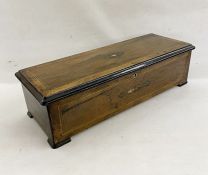 Late 19th century inlaid rosewood Swiss cylinder music box with 12 airs, having printed inscribed