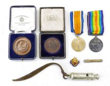 WWII War and Victory medal named to '5118.CSJTSR-Ainscow LANR', WWI Hudson & Co whistle dated