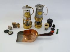 Two miners lamps, a quantity of assorted keys, a pocket compass, a horn glass engraved 'Mer de