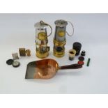 Two miners lamps, a quantity of assorted keys, a pocket compass, a horn glass engraved 'Mer de