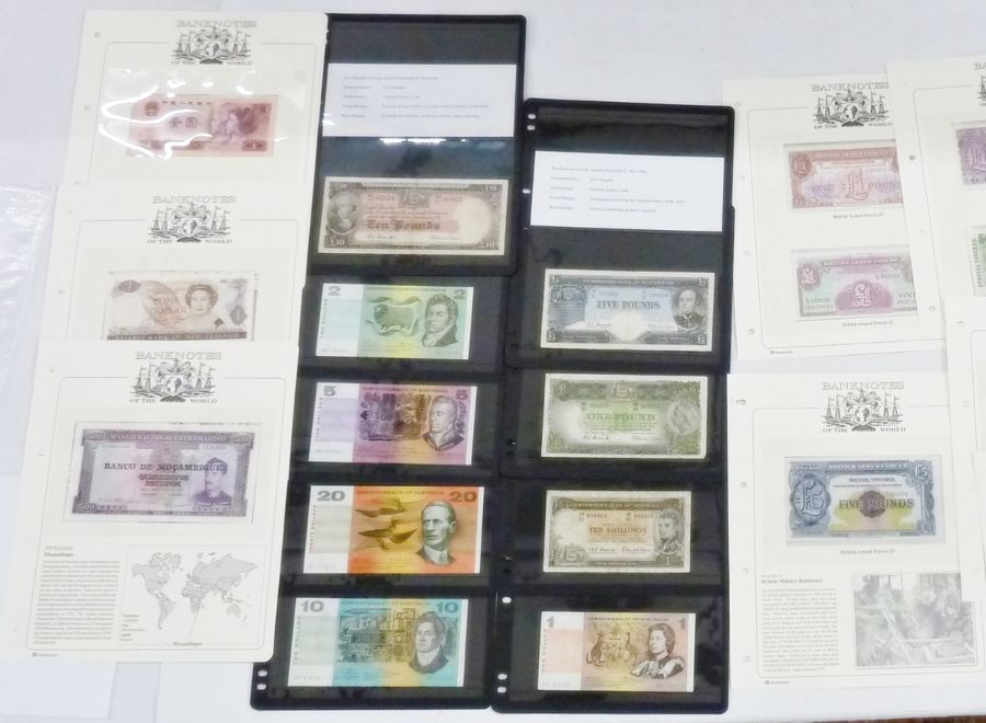 Folder of banknotes, eight world notes from Australia, seven Britain Armed Forces from £5 to 5p, two