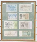 Framed banknotes, Reichs banknote 100 mark, 1000 mark, 50 million mark etc (8)