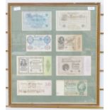 Framed banknotes, Reichs banknote 100 mark, 1000 mark, 50 million mark etc (8)