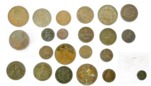 Interesting lot of copper/bronze/brass coinage, various grades including Roman, Charles I, Charles