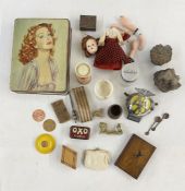 AA car badge, wooden boxes, a doll, minerals, wooden picture frame and other collectible items (1
