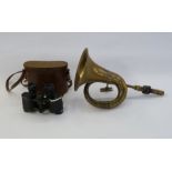 Pair of French Lumiere, Paris binoculars, cased and a brass car horn (2)