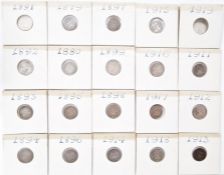 Collection of silver 3d containing 82 coins, majority Victorian, some '20', pre 47, various grades