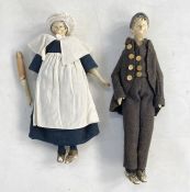 Two possibly German peg dolls, male and female, the male with gold coloured buttons on a brown