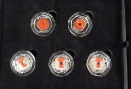Silver proof coin set (five), 50p to commemorate the Royal Britain Legion centenary, all 50p