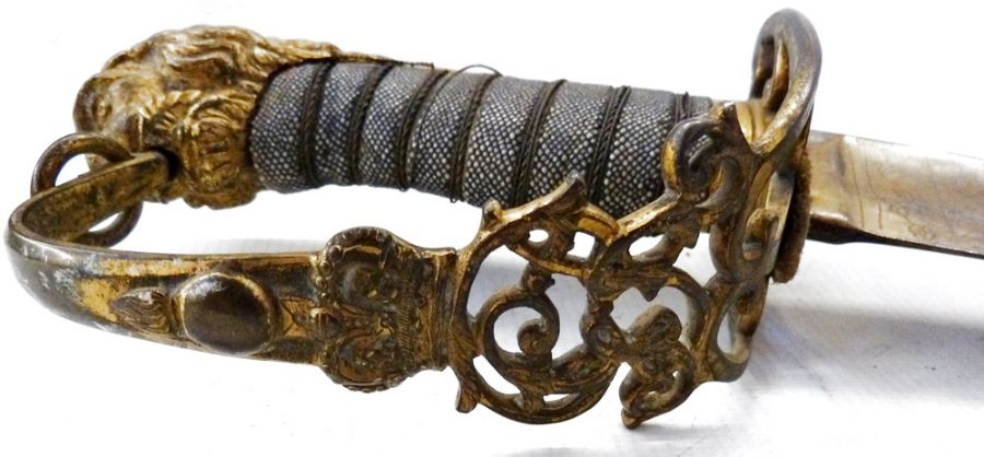 1803 pattern officer's sabre with ornate gilt engraved blued blade, pierced brass hand guard and - Image 4 of 26