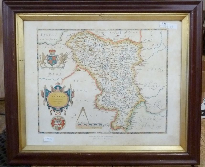 Reproduction map after Universi Derbiensis Comitatus Graphica Descriptio 1577, 57cm x 58cm framed, - Image 2 of 4