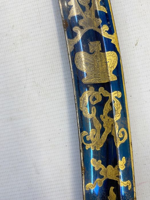 1803 pattern officer's sabre with ornate gilt engraved blued blade, pierced brass hand guard and - Image 24 of 26