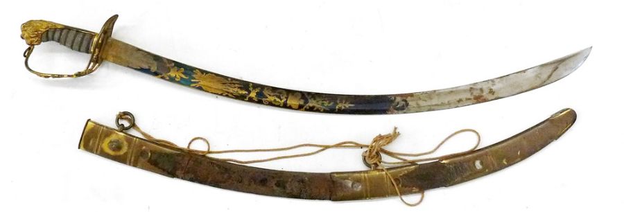 1803 pattern officer's sabre with ornate gilt engraved blued blade, pierced brass hand guard and
