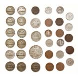 Box of mostly World coins, 20th century with fifteen commemorative crowns, Zambia anniversary of