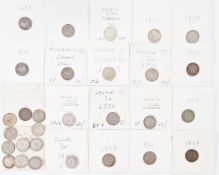 53 3d of George V, pre 47 silver, in various grades (poor to vf) in handwritten envelopes by