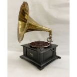 Antique His Majesty's Voice table-top gramophone, ebonised base with ornate scroll and pierced