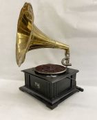 Antique His Majesty's Voice table-top gramophone, ebonised base with ornate scroll and pierced