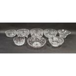 Stuart glass footed bowl, 22cm in diameter 6.5cm high and other glass bowls (8)