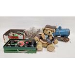 Vintage toys to include Tri-ang Express pull-along blue locomotive, GB teddy bears R. A. F bear,