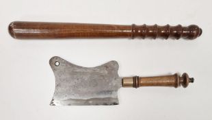 Small cleaver with turned wood handle and brass collar and a truncheon (2)