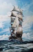 R Gilrow  Watercolour and gouache "Under Sail", study of a tall-mast ship in choppy seas, signed
