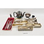 Cased and loose flatware, a silver-plated teapot, a circular handled bowl, etc (1 box)