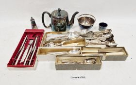 Cased and loose flatware, a silver-plated teapot, a circular handled bowl, etc (1 box)